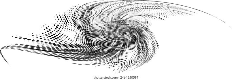 Halftone dotted mandal vortex with thinned upper right sector. Shifting outline along curling edges, with glitch effect to extremities. For frames, edgings, trademarks. Place for text. Vector.