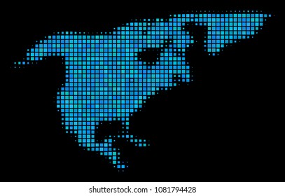 Halftone Dotted North America Map. Vector geographical map in blue color shades on a black background. Vector collage of North America Map organized of square dots.