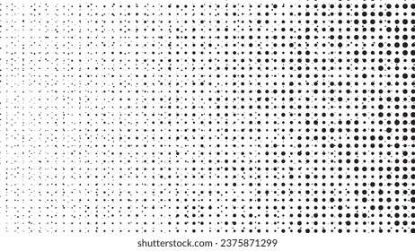 Halftone gepunktetes Muster. Schwarz-Weiß-Halbtonverlauf. Geometrisches Halfton. Random Größe Punkte. Transparenter Hintergrund.