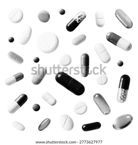 Halftone dotted pills and capsules pattern in monochrome minimal style, representing medicine, pharmacy, healthcare and treatment concept isolated on white background.