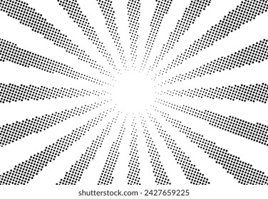 Halftone dotted radial rays background. Halftone cartoon border. Manga style polka dot beams frame. Concentration lines going to the center. Dot zoom. Monochrome. Horizontal composition.