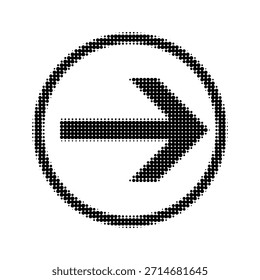Symbol mit einem gepunkteten Pfeil nach rechts innerhalb eines Kreises. Minimales schwarz-weißes Navigationssymbol für Benutzeroberfläche, Web, App, Richtung, Vorwärtsaktion, Schaltfläche und Infografik.
