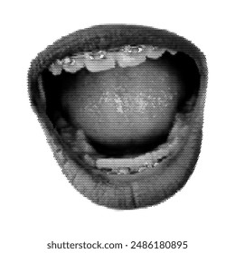 Medio tono punteado gritando boca abierta con aparatos ortopédicos. Vector texturizado labios femeninos, dientes para el collage retro y2k de moda