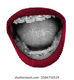 Halftone dotted screaming open mouth with red lips. Vector textured female lips, teeth for trendy y2k retro collage