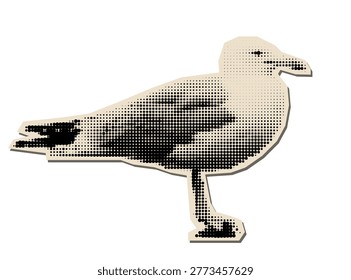 Halftone dotted seagull paper vector sticker. Magazine cutout textured bird for retro collages, scrapbooking design