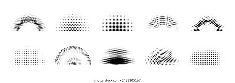 Semicírculos punteados en semitonos. Conjunto de elementos redondos abstractos de superposición manchada de efecto de degradado vectorial