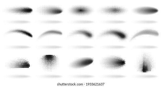 Halftone dotted shapes. Abstract dots gradient wave effect shapes, halftone gradient spray texture vector illustration set. Dots gradient elements. Pop art spotted figures isolated on white