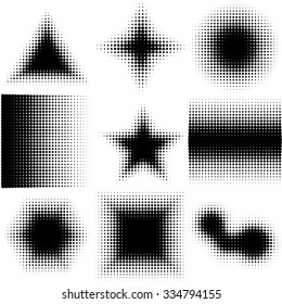 Halftone Dotted Shapes. Cycle, Square, Triangle, Star Symbols. Icon Collection. Vector. Black on white background