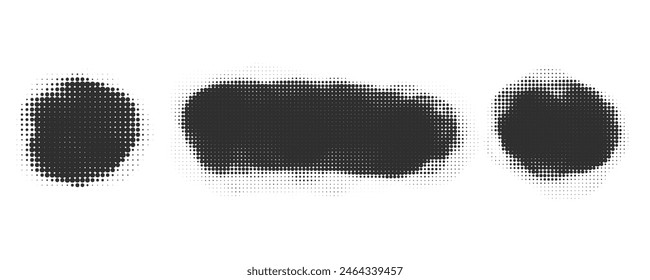 Halftone dotted shapes on white background. Vector paint blob with noisy effect. Abstract splatter stroke shapes. Vector illustration.