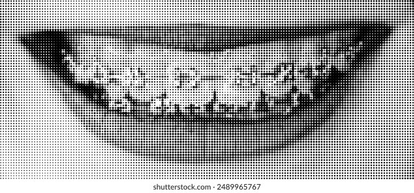 Halftone dotted smile with teeth and braces. Vector textured female lips for trendy y2k retro collage