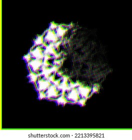 Halftone dotted snowflake-like mandala with muted-darkened sector and with CMYK shift or RGB glitch on black background. Contour of dots, polka dots, blots, spots, slicks, strokes. Confetti effect.