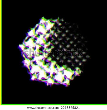 Halftone dotted snowflake-like mandala with muted-darkened sector and with CMYK shift or RGB glitch on black background. Contour of dots, polka dots, blots, spots, slicks, strokes. Confetti effect.