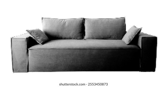 Halftone dotted sofa for trendy y2k retro collage. Vector photocopy effect textured furniture