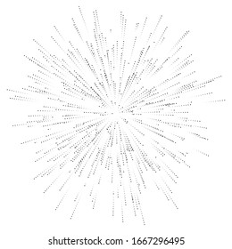 Halftone dotted, speckle radial lines. Spreading dots beams, rays