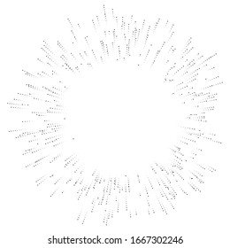 Halftone dotted, speckle radial lines. Spreading dots beams, rays