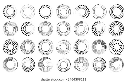 Halftone dotted speed lines circle set. Geometric art in circle forms. Round swirl movement symbols. Halftone circular dotted frames. Vector design elements