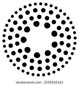 Halftone dotted speed lines circle. Geometric art in circle form. Round swirl movement symbol. Halftone circular dotted frame. Vector design element