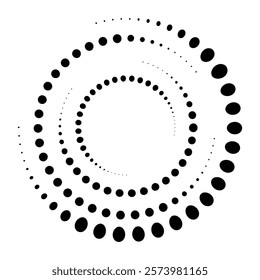 Halftone dotted speed lines circle. Geometric art in circle form. Round swirl movement symbol. Halftone circular dotted frame. Vector design element