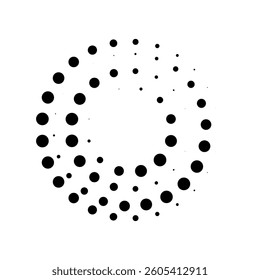 Halftone dotted speed lines circle. Geometric art in circle form. Round swirl movement symbol. Halftone circular dotted frame. Vector design element