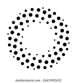 Círculo de linhas de velocidade pontilhadas em meio-tom. Arte geométrica em forma de círculo. Símbolo de movimento de redemoinho redondo. Quadro pontilhado circular de meio-tom. Elemento de design de vetor