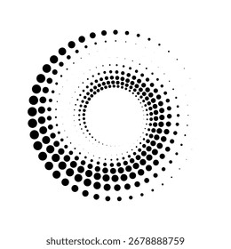 Halftone dotted speed lines circle. Geometric art in circle form. Round swirl movement symbol. Halftone circular dotted frame. Vector design element