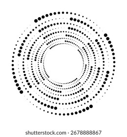 Halftone dotted speed lines circle. Geometric art in circle form. Round swirl movement symbol. Halftone circular dotted frame. Vector design element