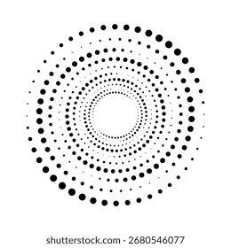 Halftone dotted speed lines circle. Geometric art in circle form. Round swirl movement symbol. Halftone circular dotted frame. Vector design element