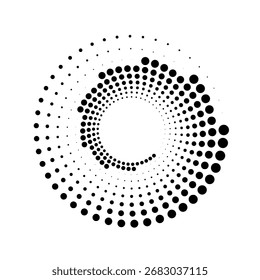 Círculo de líneas de velocidad punteadas de semitono. Arte geométrico en forma de círculo. Símbolo de movimiento de remolino redondo. Marco de puntos circulares de semitono. Elemento de diseño de Vector