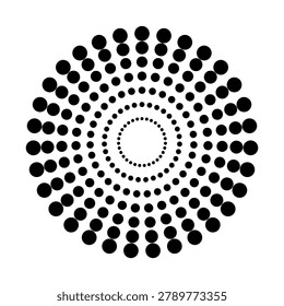 Halftone dotted speed lines circle. Geometric art in circle form. Round swirl movement symbol. Halftone circular dotted frame. Vector design element