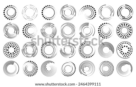 Halftone dotted speed lines circle set. Geometric art in circle forms. Round swirl movement symbols. Halftone circular dotted frames. Vector design elements