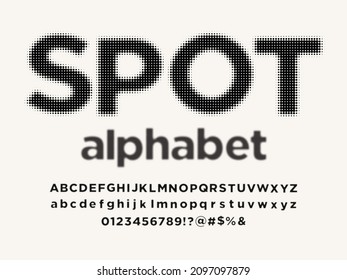 halftone dotted style alphabet design with uppercase, lowercase, numbers and symbols