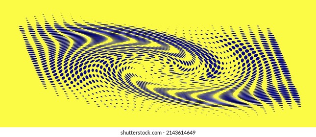 Halftone dotted swirling drawing on a yellow background. Vector. Solo use.