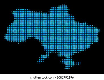 Halftone Dotted Ukraine Map With Crimea. Vector geographic map in blue color hues on a black background. Vector composition of Ukraine Map With Crimea combined of square elements.