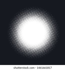 Halftone dotted vector abstract background, dot pattern in circle shape. White comic isolated backdrop. Trendy design element for round banner