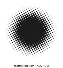 Halftone dotted vector abstract background, dot pattern in circle shape. Black comic banner isolated white backdrop. Trendy design element for round label or logo.