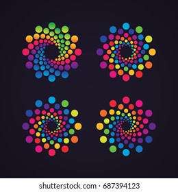 Halftone dotted vector frame, dot pattern in circle shape. Abstract rainbow border isolated on black background. Trendy design element for round festive banner or logo.