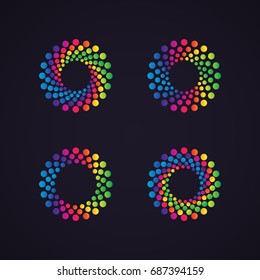 Halftone dotted vector frame, dot pattern in circle shape. Rainbow border isolated on black background. Trendy design element for round festive banner or logo.