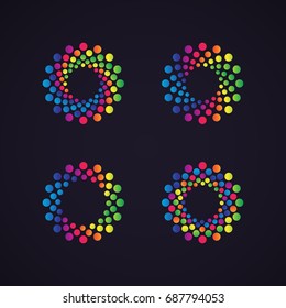 Halftone dotted vector frame, dot pattern in circle shape. Abstract rainbow border isolated on black background. Trendy design element for round festive banner or logo.