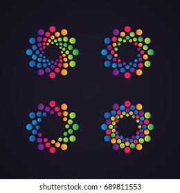 Halftone dotted vector frame, dot pattern in circle shape. Abstract rainbow border isolated on black background. Trendy design element for round festive banner or logo.