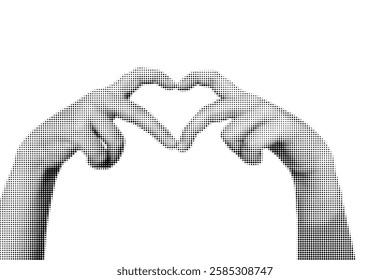 Halftone dotted vector texture cutout collage element - hands in heart shape isolated on transparent background