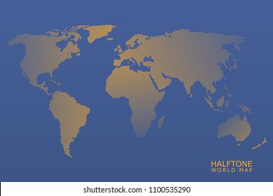 Halftone dotted vector world map in orange color with blue background