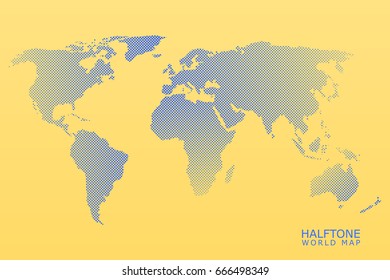 Halftone dotted vector world map in blue color with orange background