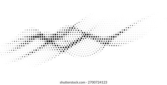Halftone dotted wave motion graphic forming flowing curved lines across white background, modern abstract minimal design ideal for posters, banners, UI headers and elegant decorative visual compositio