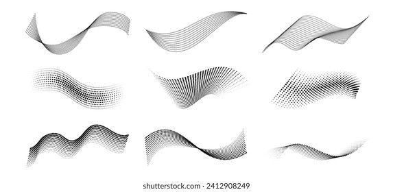 Halftone dotted waves. Curved abstract wavy shapes, wave with dot pattern, halftone circles texture isolated vector set. Black dots flow business elements. Dynamic black surface with curves