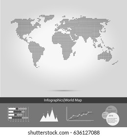 Halftone Dotted World Map and Infographics Panel .Vector Illustration
