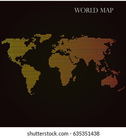 Halftone Dotted World Map with Orange Gradient Overlay. Vector Illustration