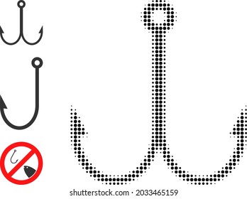 Halftone double fish hook. Dotted double fish hook constructed with small circle points. Vector illustration of double fish hook icon on a white background. Halftone pattern contains circle points.