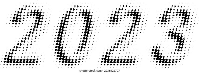 Halftone, double polka dot writing numerals for the new year 2023 with a slope. Perforated coin outline. Vector.