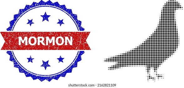 Halftone dove icon, and bicolor unclean Mormon seal stamp. Halftone dove icon is made with small circle items. Vector seal with grunge bicolored style,