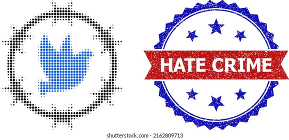 Halftone Dove Jail Icon, And Bicolor Grunge Hate Crime Seal. Halftone Dove Jail Icon Is Generated With Small Spheric Items. Vector Watermark With Grunge Bicolored Style,